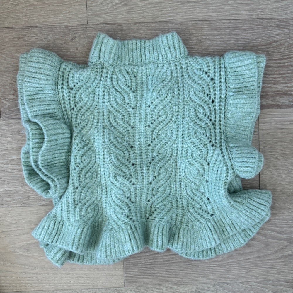 Zara Cable-Knit Ruffle Open Sleeveless Cardigan Sweater Green M - Picture 3 of 5